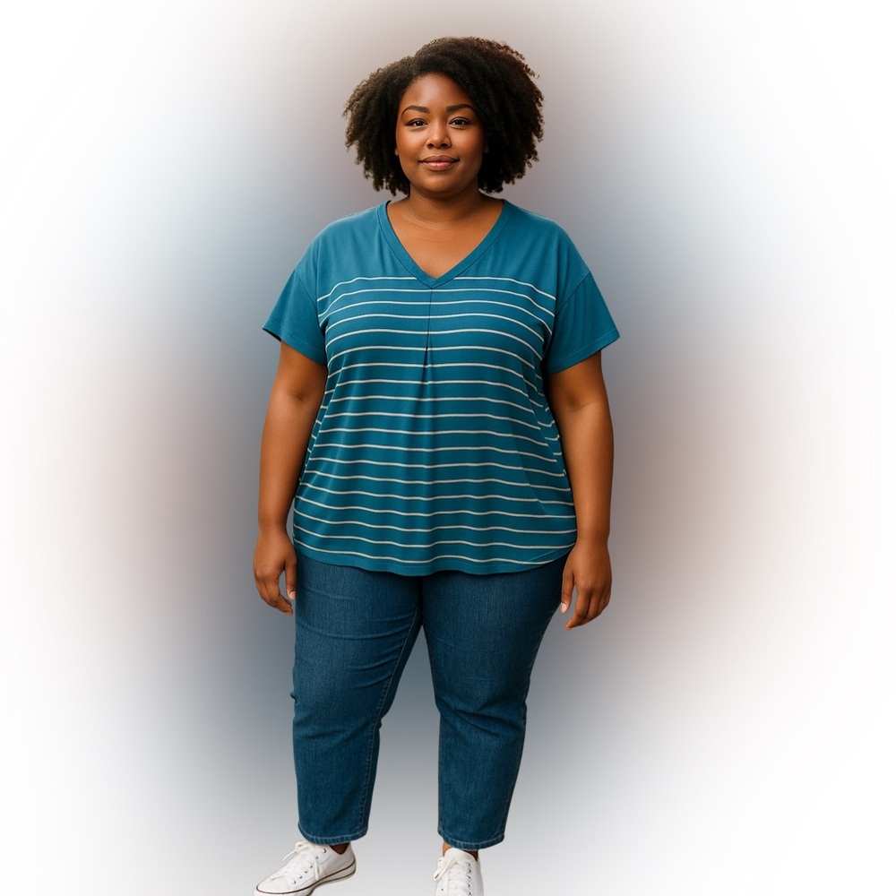 Adrienne Vittadini Blue and White Striped V-Neck Top
